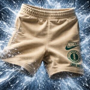 NWT Nike Tan Fleece Kids Shorts with Green Logos Size 5